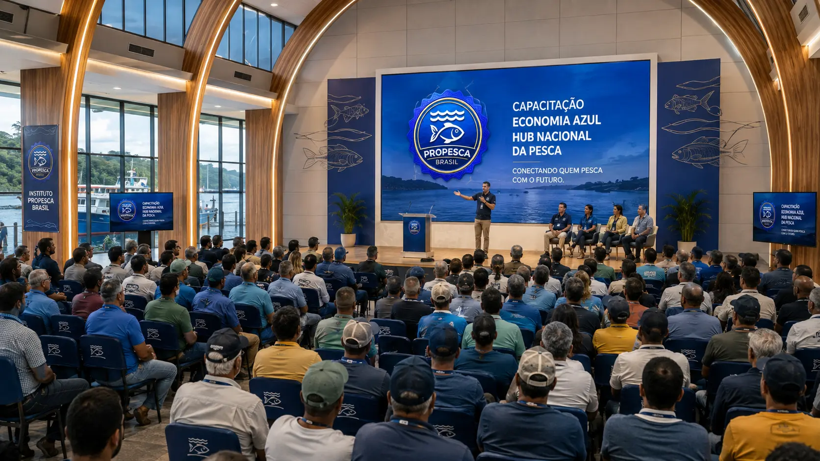 Auditório de capacitação com participantes assistindo a uma apresentação.