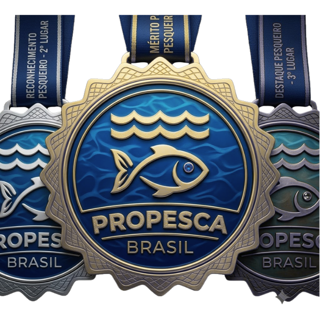 Três medalhas ProPesca Brasil — ouro, prata e bronze — com fitas azuis.