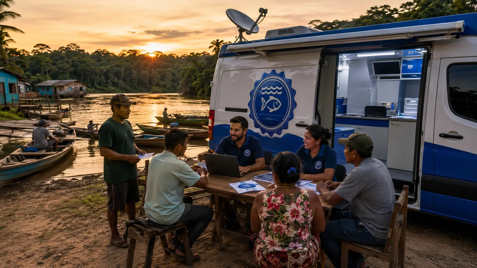 Unidade móvel de atendimento estacionada à beira de um rio ao entardecer, com equipe atendendo pescadores em uma mesa.