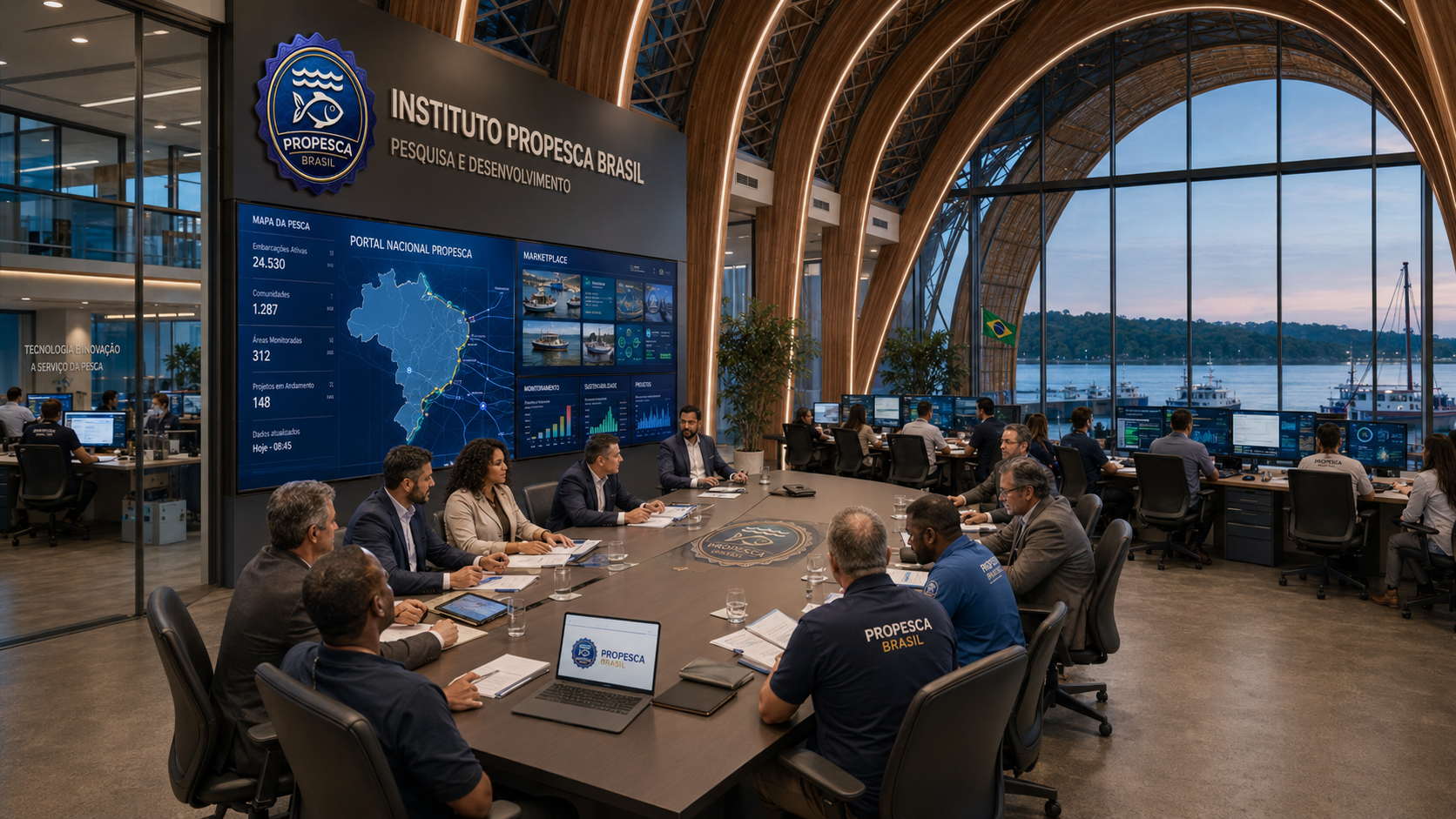 Sala de reunião institucional com equipe em articulação diante de um painel de dados.