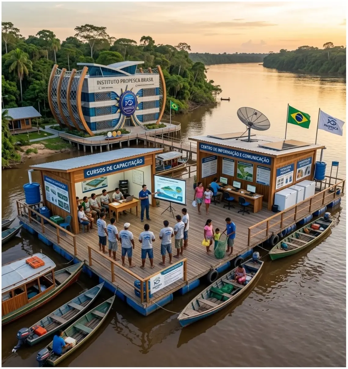 Unidade fluvial de atendimento navegando em rio com equipe a bordo.