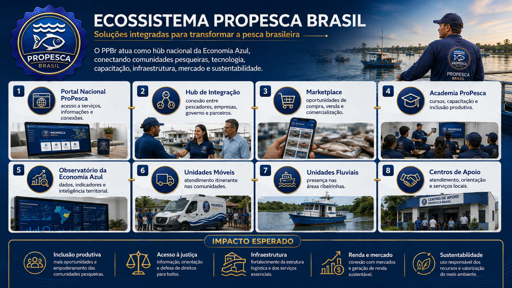 Painel do ecossistema ProPesca Brasil com oito soluções numeradas e o impacto esperado.